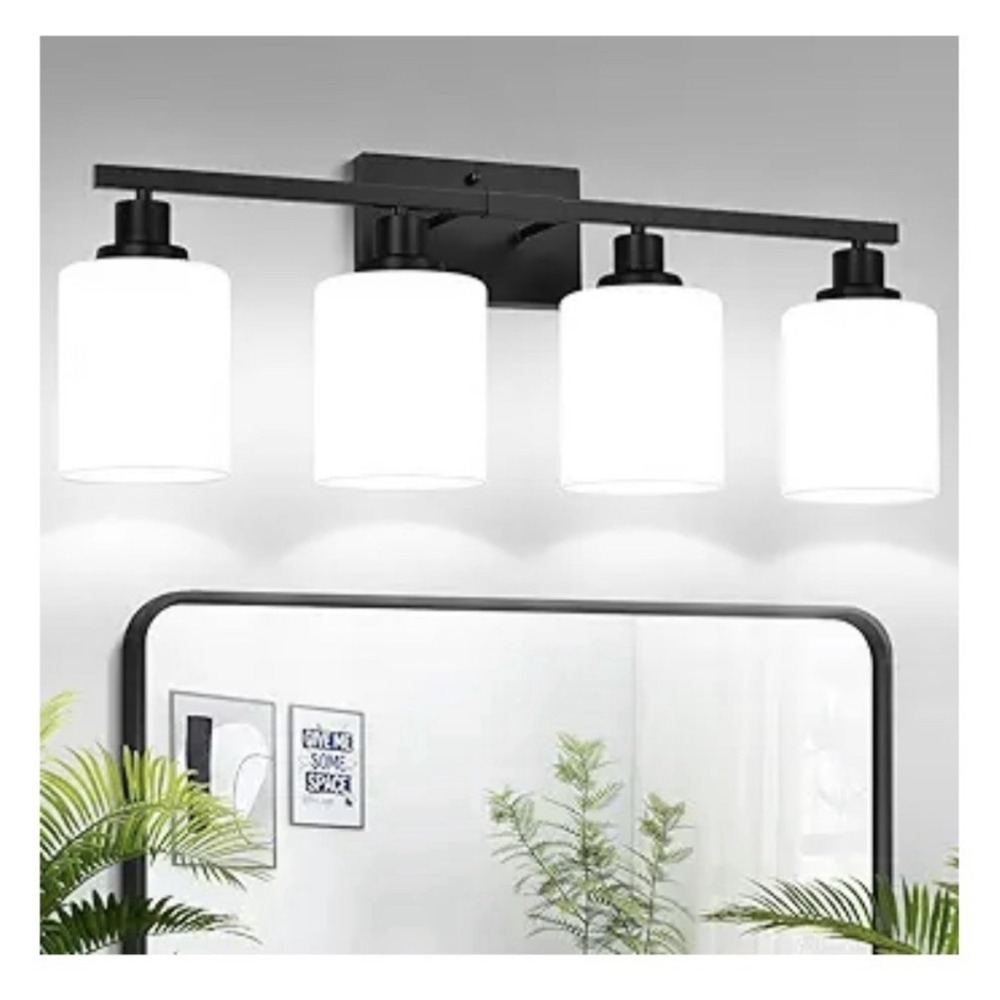 4 Light Bathroom Vanity Light Fixture Matte Black Milky Glass Shades Modern